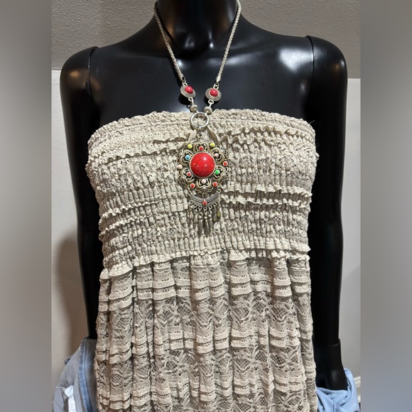 Mocha Brown Stretch Lace Bohemian Strapless Maxi Dress New Sz XL - Picture 2 of 8